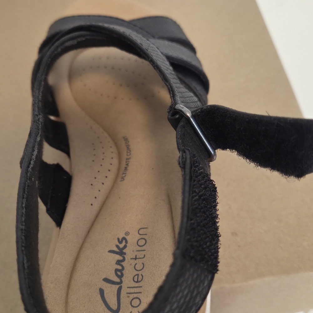 Clark’s Women’s  Jillian Black Leather Criss Cross Strappy Wedge Sandals - Picture 16 of 16